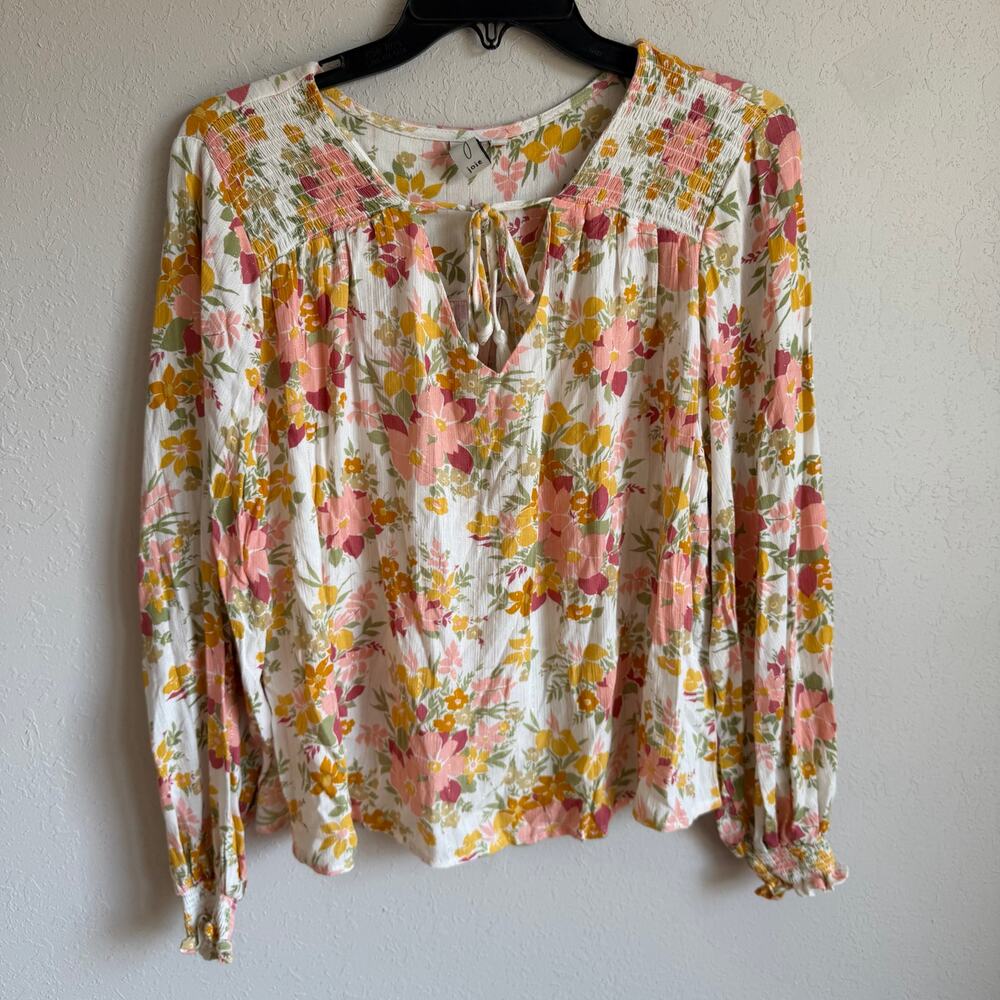 Joie Cream Pink Floral Smocked Tie V-Neck Long Sleeve Blouse Womens M Metallic